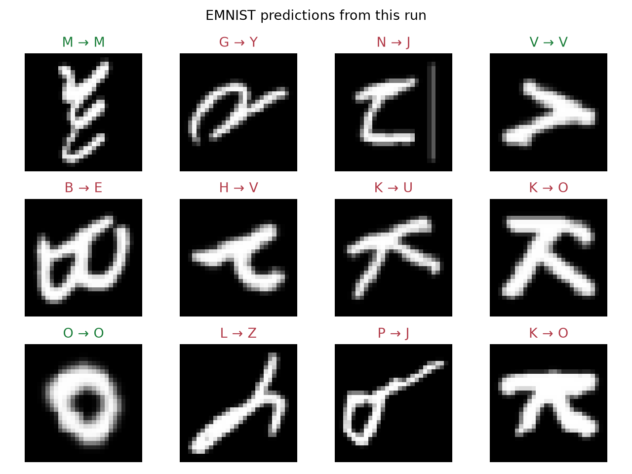 Letter predictions from the retained CPU-first EMNIST run; green titles are correct and red titles are incorrect