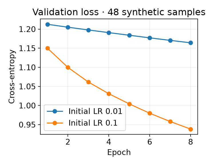 Validation loss for the two controlled learning rates